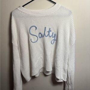 White Sweater with Blue 'Salty' Design